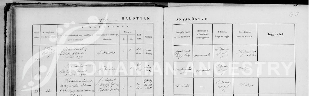 On the picture we can see the death registry of David Craciun retired gendarme master, the husband of Elena Ungurean. Born in Șopotu Vechi, Caras-Severin county, died of tuberculosis in Tibolddaróc, Hungary.