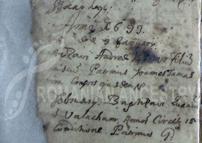 An entry of the roman catholic registry of Lazarea, Hargita county from the February of 1699: „I baptized a Vallachian child of around 15 years of age” - Copyright by Romanian Ancestry Gallery - Family tree research